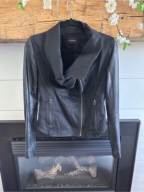 Club Monaco Black Denim & Leather Draped Collar Jacket
